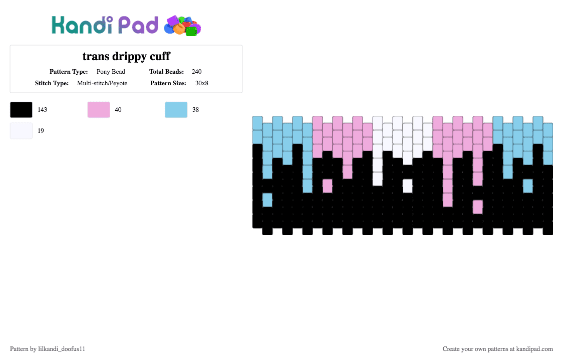 trans drippy cuff - Pony Bead Pattern by lilkandi_doofus11 on Kandi Pad - black, drip, light blue, multistitch, pink, pride, trans