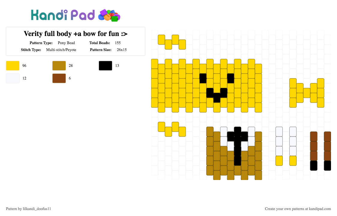 Verity full body +a bow for fun :> - Pony Bead Pattern by lilkandi_doofus11 on Kandi Pad - buddy, doll, minecraft, thatmob, verity, verityfullbody, yellow
