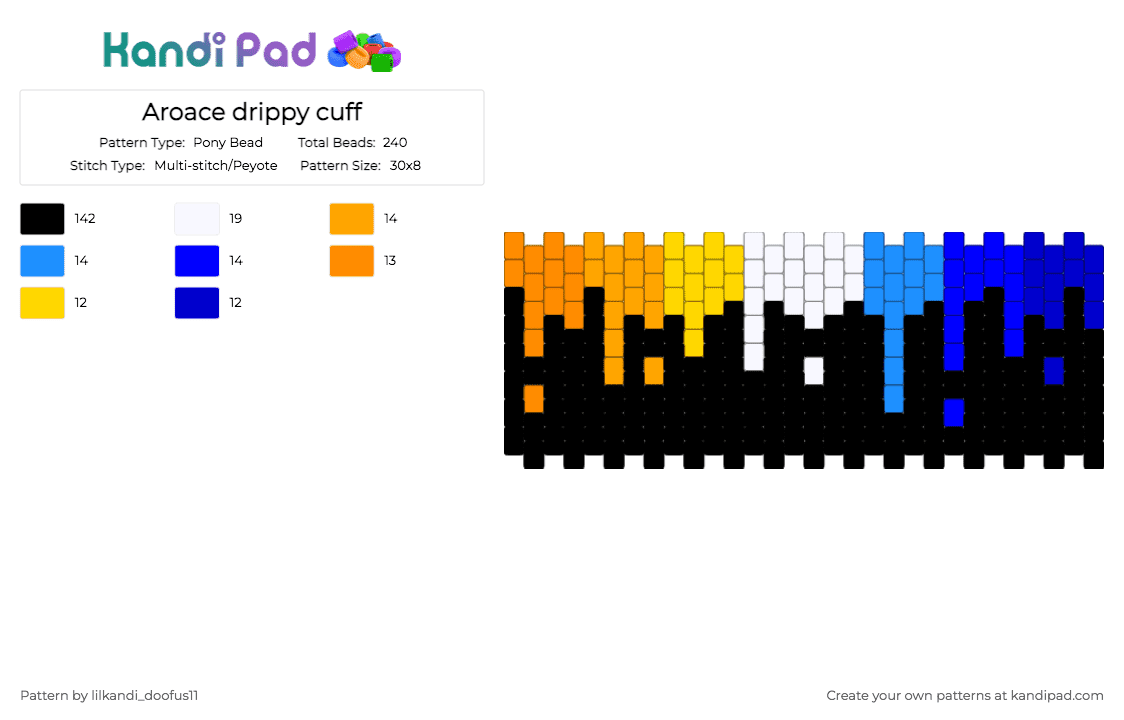 Aroace drippy cuff - Pony Bead Pattern by lilkandi_doofus11 on Kandi Pad - aroace, black, drip, multistitch, orange, pride, purple