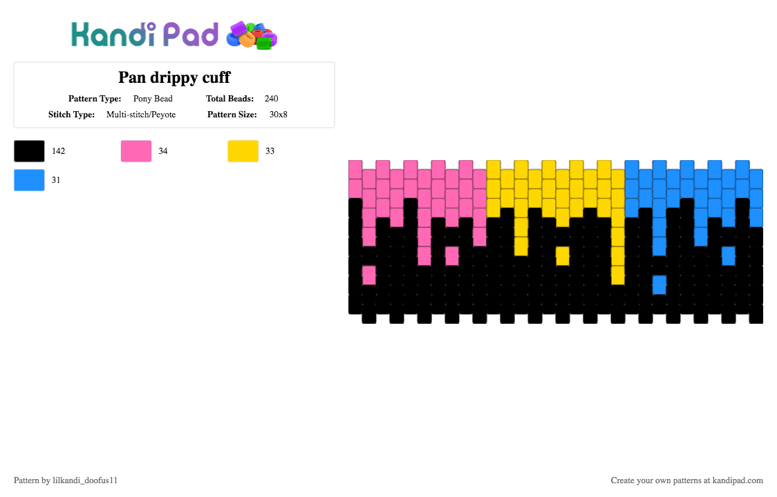 Pan drippy cuff - Pony Bead Pattern by lilkandi_doofus11 on Kandi Pad - black, drip, multistitch, pan, pink, pride, yellow