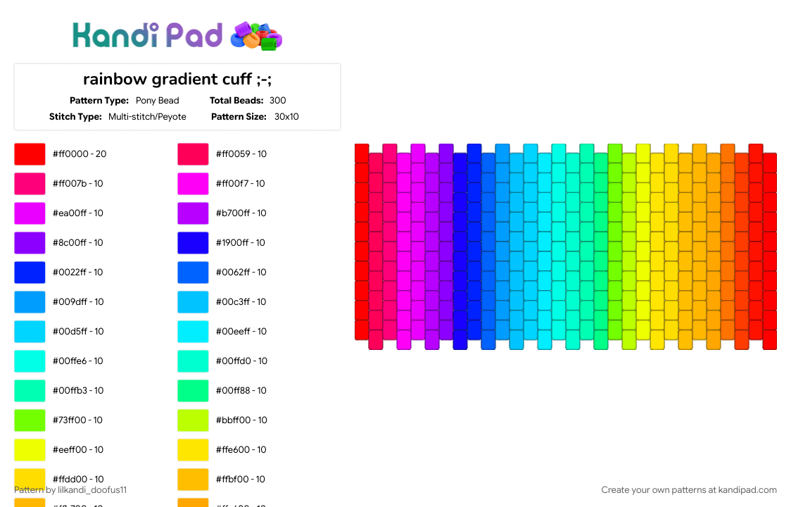 rainbow gradient cuff ;-; - Pony Bead Pattern by lilkandi_doofus11 on Kandi Pad - colorful, eyesore, gradient, light blue, pink, rainbow, yellow