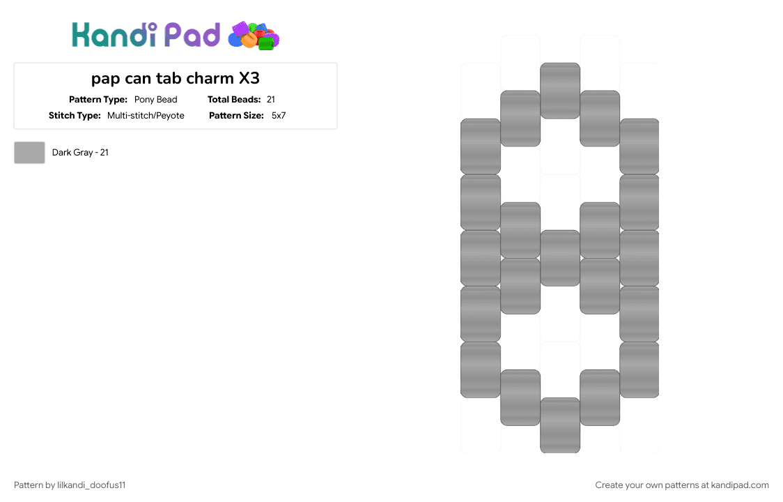 pap can tab charm X3 - Pony Bead Pattern by lilkandi_doofus11 on Kandi Pad - beige, can tab, charm, cotdcollectibles, pop can tab, silver