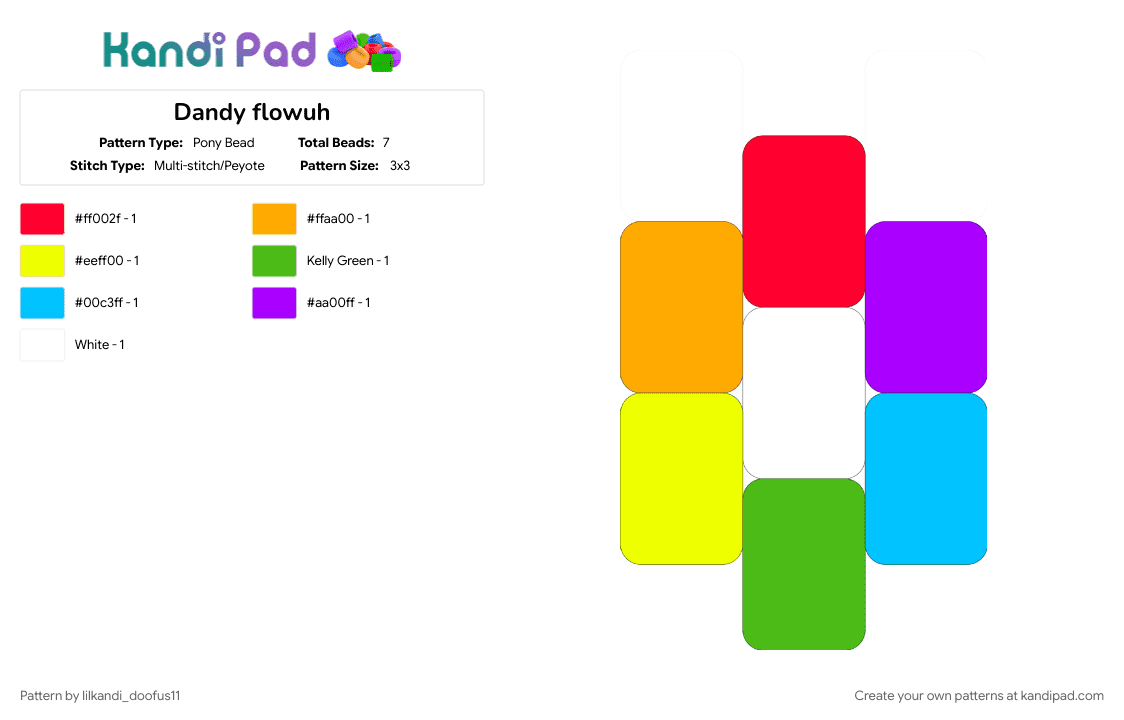 Dandy flowuh - Pony Bead Pattern by lilkandi_doofus11 on Kandi Pad - charm, colorful, dandys world, flower, green, orange, purple, rainbow, video game