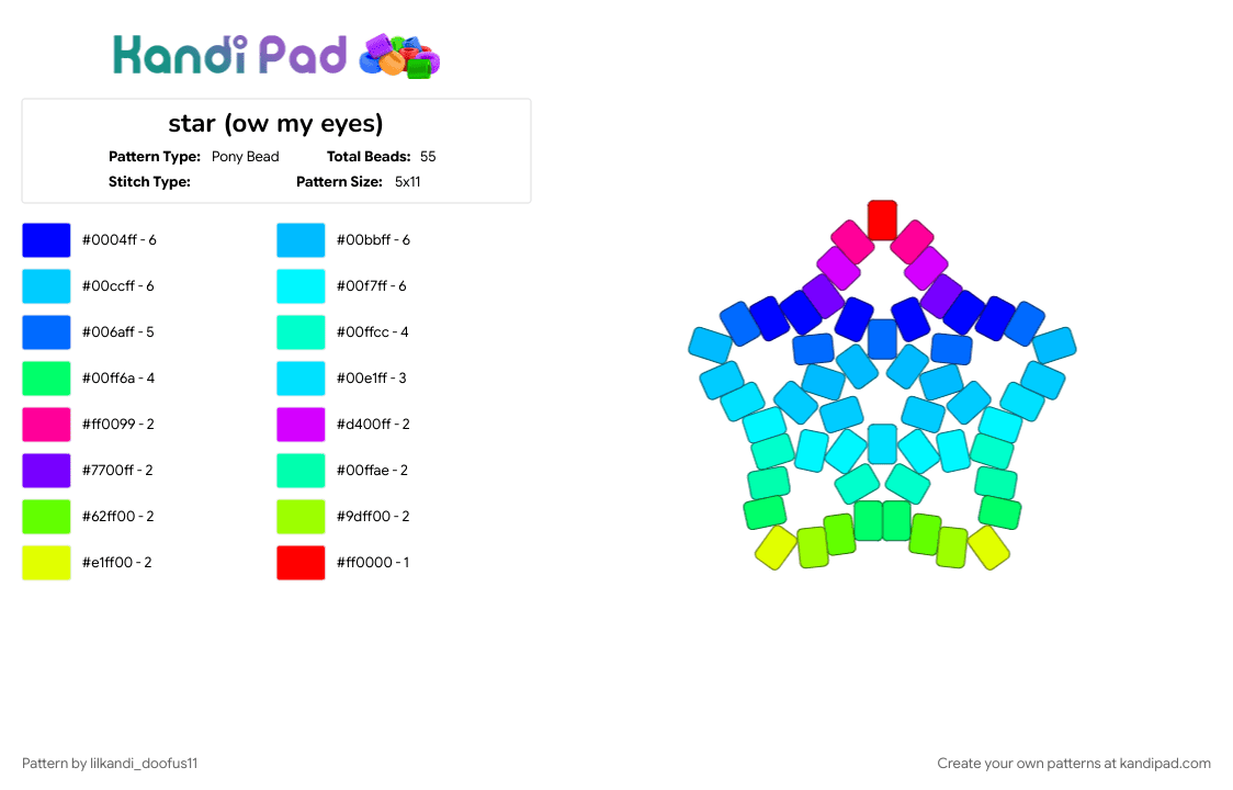 star (ow my eyes) - Pony Bead Pattern by lilkandi_doofus11 on Kandi Pad - colors, light blue, purple, rainbow, star, teal, trippy