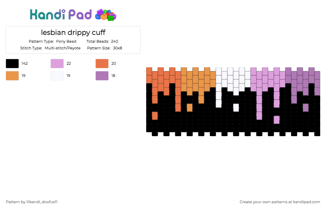 lesbian drippy cuff - Pony Bead Pattern by lilkandi_doofus11 on Kandi Pad - black,orange,pink,pride,multistitch,drip,lesbian