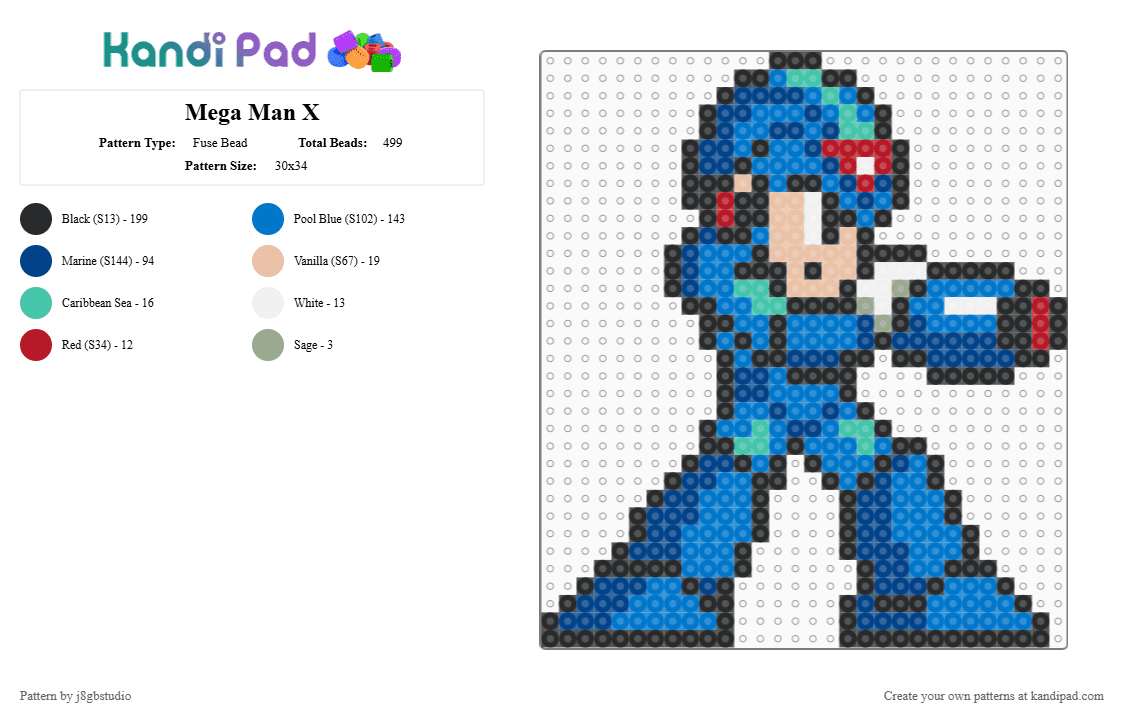 Mega Man X - Fuse Bead Pattern by j8gbstudio on Kandi Pad - blue, capcom, mega man, mega man x, pixel art, retro, snes, sprite, super nintendo