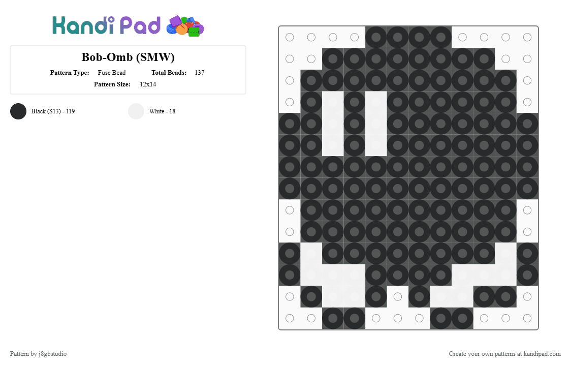 Bob-Omb (SMW) - Fuse Bead Pattern by j8gbstudio on Kandi Pad - black,bobomb,smw,super mario world,snes,nintendo,pixel art,sprite,kandi pad