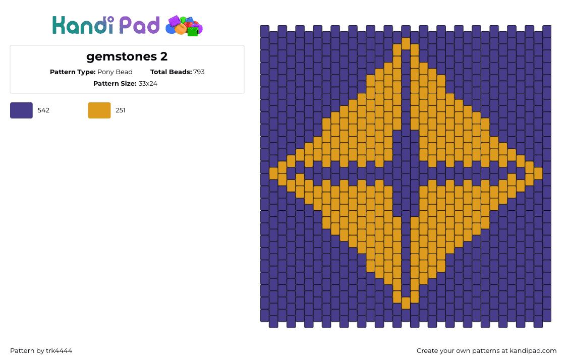 gemstones 2 - Pony Bead Pattern by trk4444 on Kandi Pad - diamond,gem,cross,geometric,panel,orange,purple