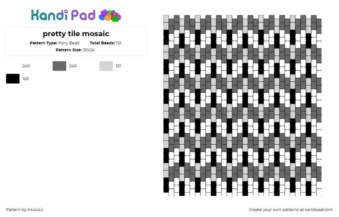 pretty tile mosaic - Pony Bead Pattern by trk4444 on Kandi Pad - mosaic,geometric,pattern,tile,panel,elegant,monochrome,decor,sophistication,gray