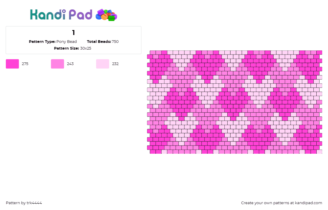 1 - Pony Bead Pattern by trk4444 on Kandi Pad - hearts,geometric,repeating,panel,love,valentine,pink