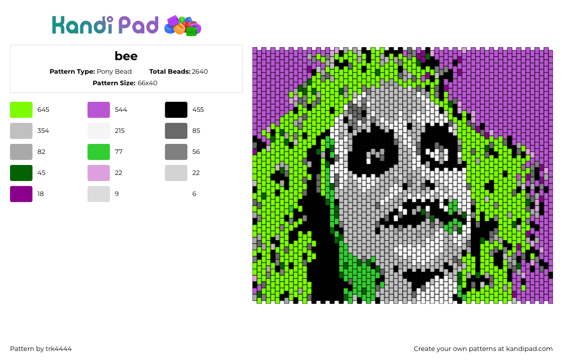 bee - Pony Bead Pattern by trk4444 on Kandi Pad - beetlejuice,portrait,panel,spooky,movie,character,head,green,gray,purple