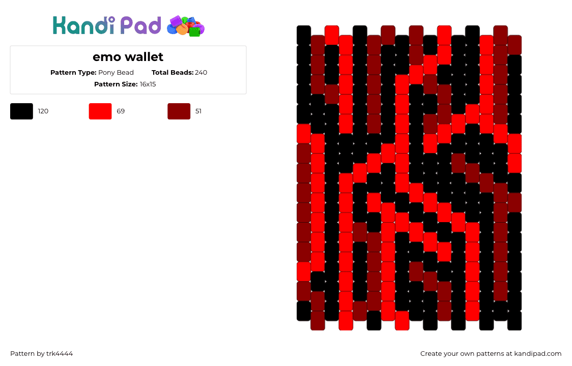 emo wallet - Pony Bead Pattern by trk4444 on Kandi Pad - red,black