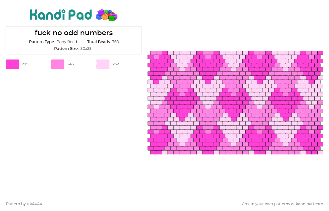 fuck no odd numbers - Pony Bead Pattern by trk4444 on Kandi Pad - hearts,panel,geometric