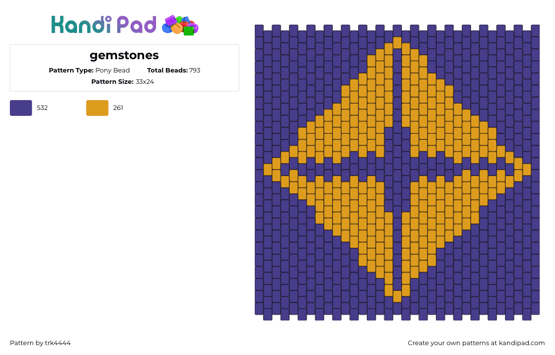 gemstones - Pony Bead Pattern by trk4444 on Kandi Pad - diamond,gem,cross,geometric,panel,orange,purple