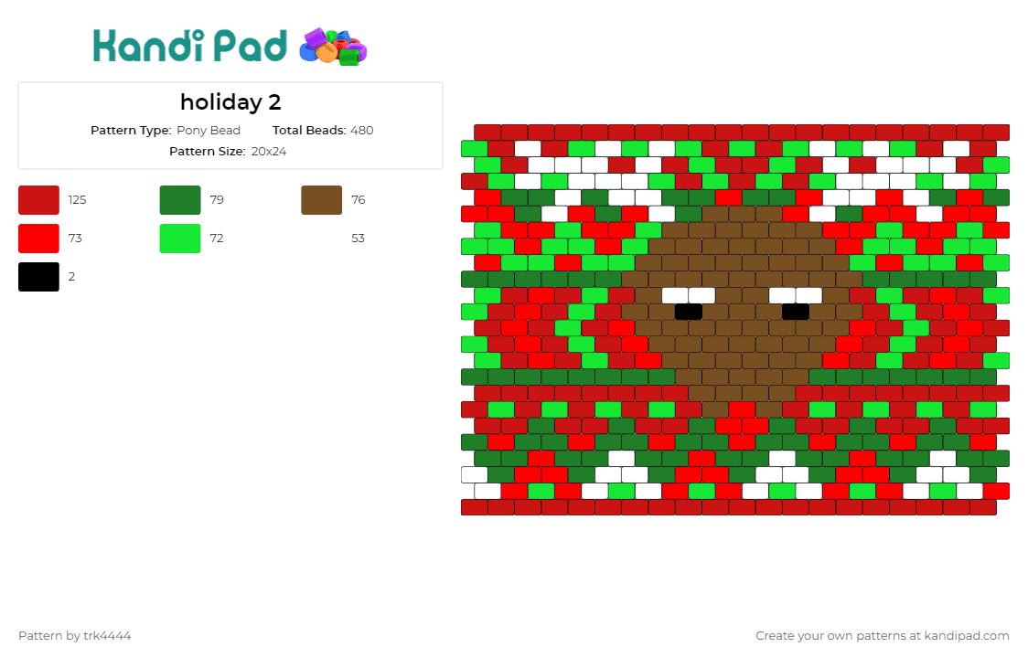 holiday 2 - Pony Bead Pattern by trk4444 on Kandi Pad - reindeer,holiday,christmas,seasonal,festive,animal,cheerful,winter,celebration,red,green,brown
