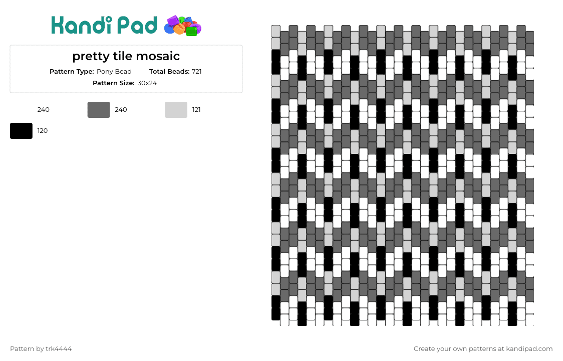 pretty tile mosaic - Pony Bead Pattern by trk4444 on Kandi Pad - mosaic,geometric,pattern,tile,panel,elegant,monochrome,decor,sophistication,grayscale,white