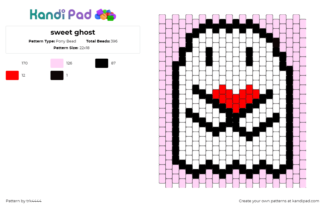 sweet ghost - Pony Bead Pattern by trk4444 on Kandi Pad - ghost,heart,cute,spooky,halloween,playful,blend,sweetness,scares,pink,white