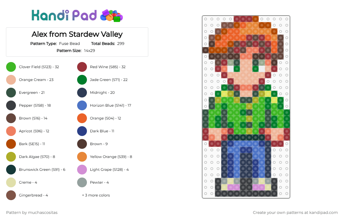 Alex from Stardew Valley - Fuse Bead Pattern by muchascositas on Kandi Pad - bachelor, boy, brown, character, colorful, gray, green, orange, red, st, stardew valley, videogame
