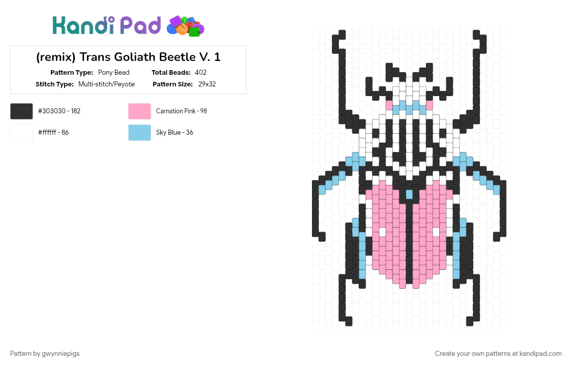 (remix) Trans Goliath Beetle V. 1 - Pony Bead Pattern by gwynniepigs on Kandi Pad - light blue, pink