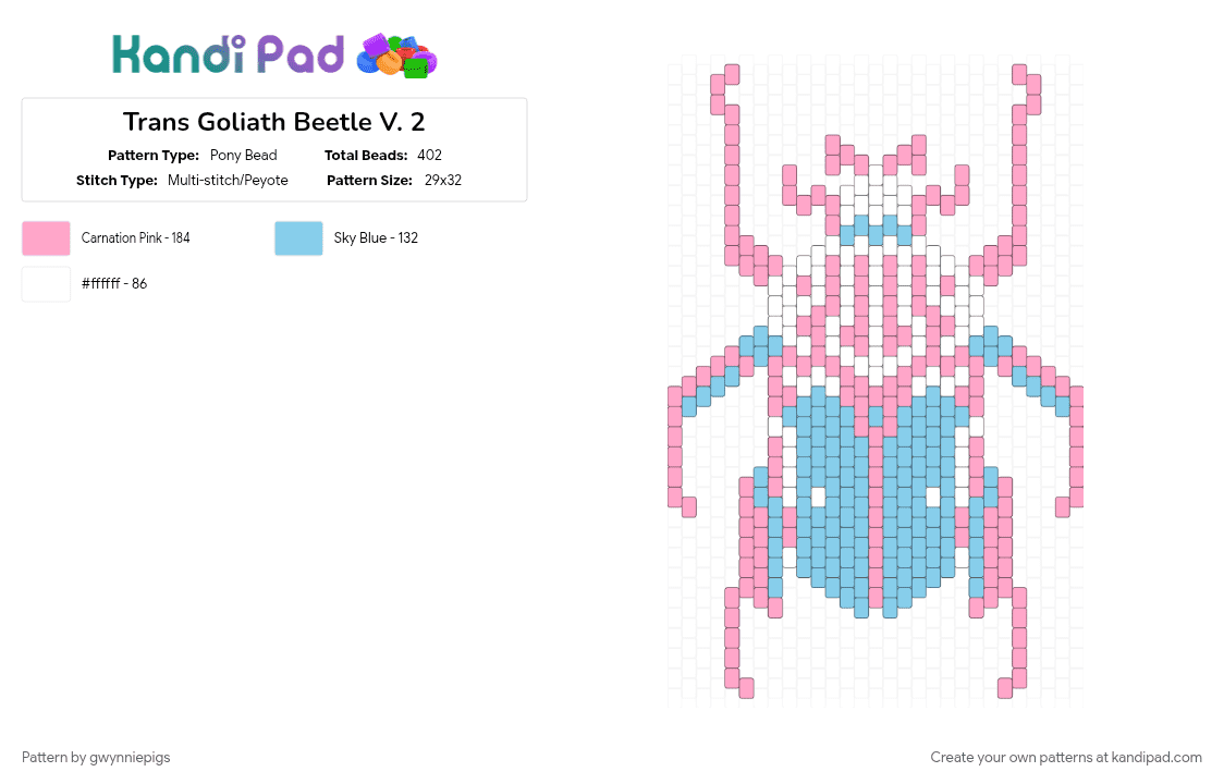 Trans Goliath Beetle V. 2 - Pony Bead Pattern by gwynniepigs on Kandi Pad - light blue, pink