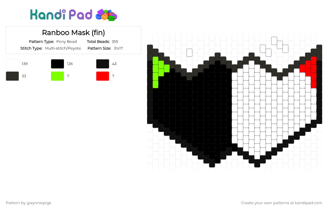 Ranboo Mask (fin) - Pony Bead Pattern by gwynniepigs on Kandi Pad - black, green, red, white