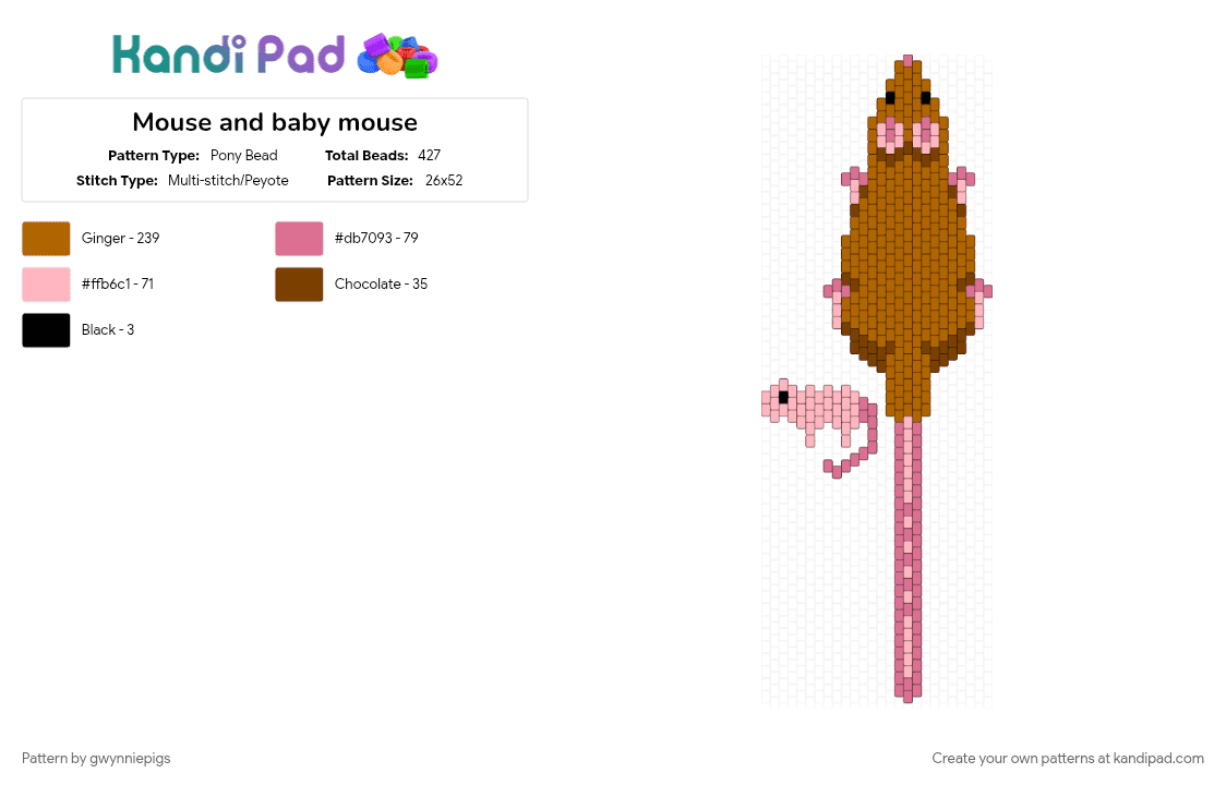 Mouse and baby mouse - Pony Bead Pattern by gwynniepigs on Kandi Pad - pink, tan