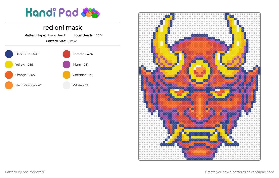 red oni mask - Fuse Bead Pattern by mo-monsterr on Kandi Pad - blue,orange,red,mask,demon,oni,oni mask,horns