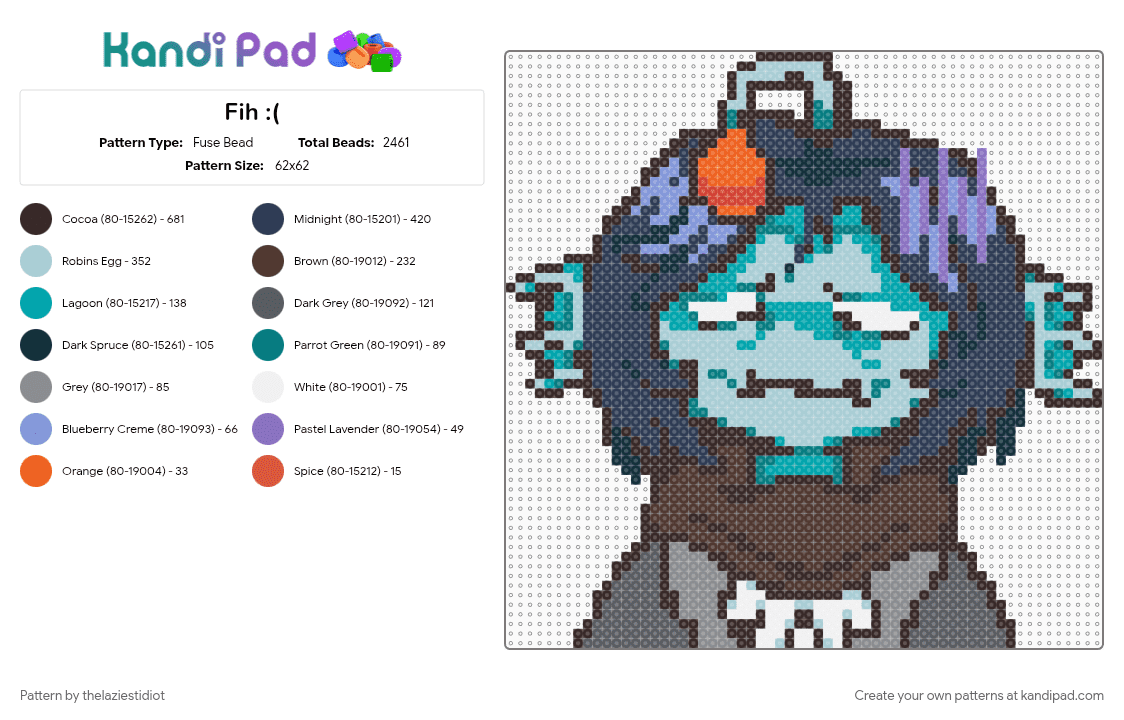 Fih :( - Fuse Bead Pattern by thelaziestidiot on Kandi Pad - brown, character, fish, light blue, pressure, pressure roblox, purple, roblox, sebastian solace, sebastian solace pressure, video game
