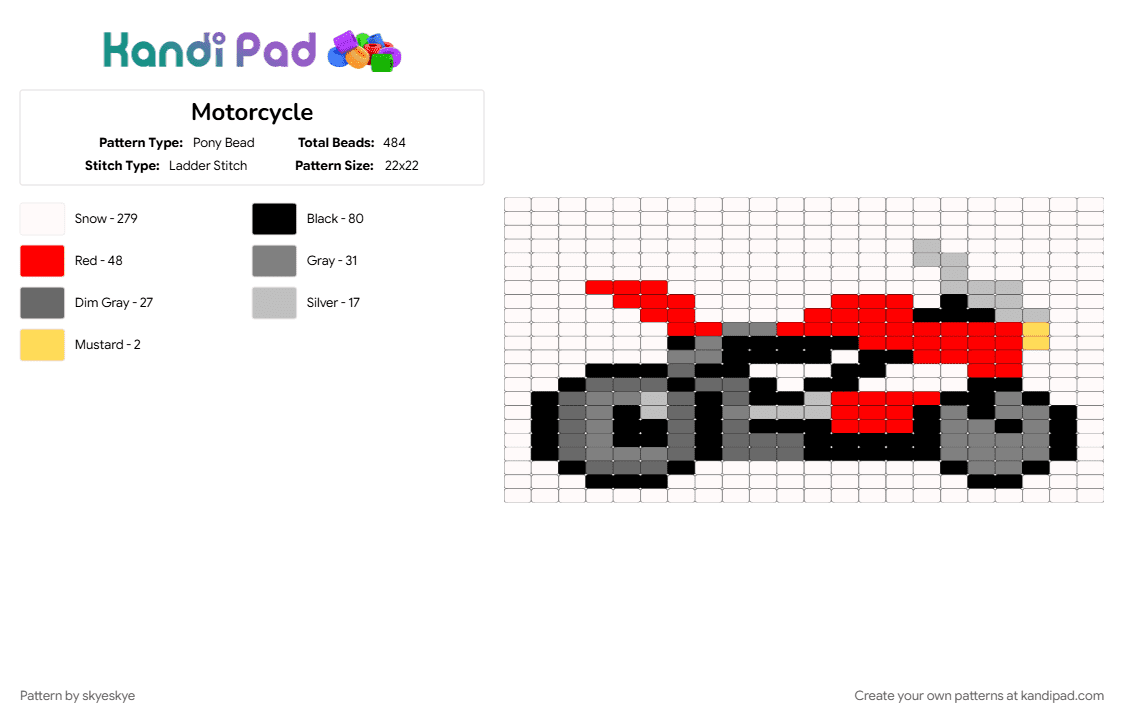 Motorcycle - Pony Bead Pattern by skyeskye on Kandi Pad - gray, red, white