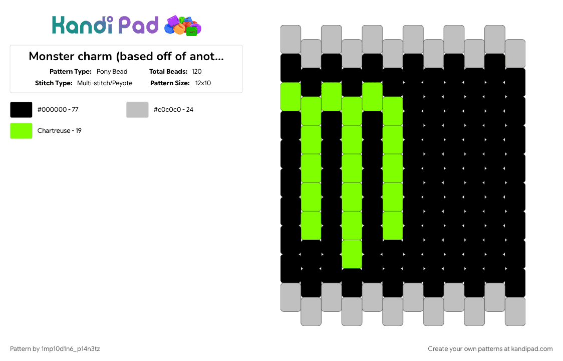 Monster charm (based off of another pattern) - Pony Bead Pattern by 1mp10d1n6_p14n3tz on Kandi Pad - beige, black, green, monster energy