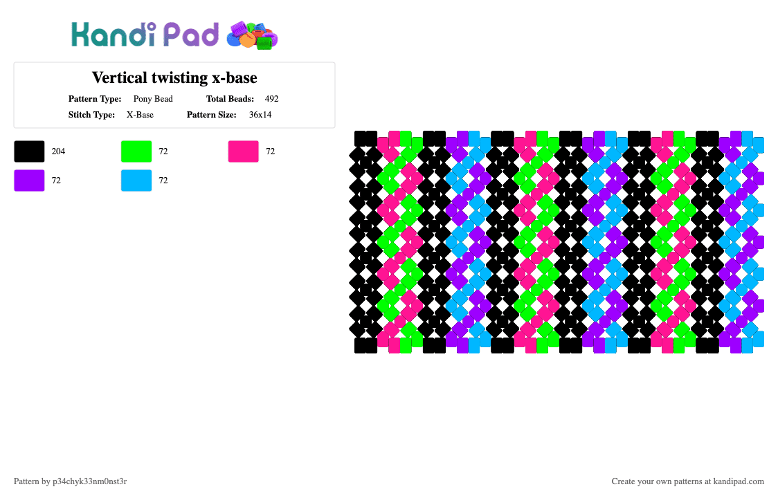 Vertical twisting x-base - Pony Bead Pattern by p34chyk33nm0nst3r on Kandi Pad - black, blue, colorful, green, light blue, pink, purple, twist
