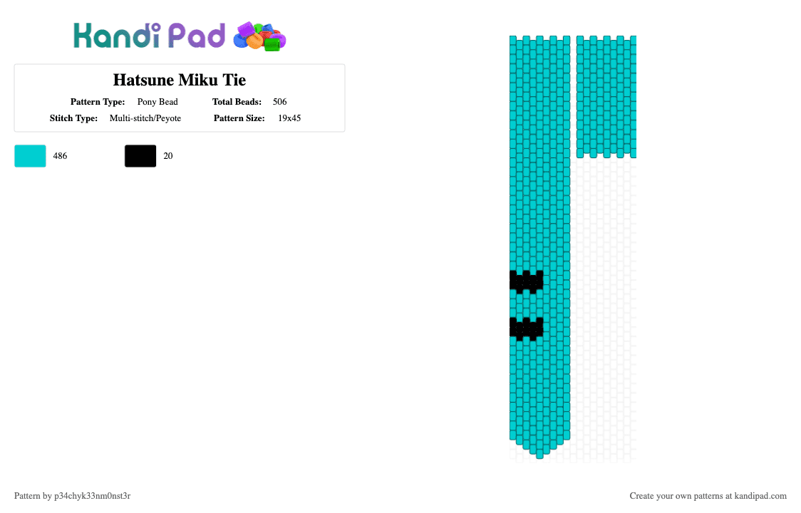 Hatsune Miku Tie - Pony Bead Pattern by p34chyk33nm0nst3r on Kandi Pad - black, cosplay, cotdcosplay, hatsune miku, light blue, miku, teal, tie