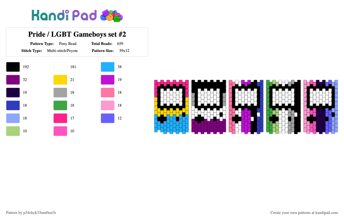 Pride / LGBT Gameboys set #2 - Pony Bead Pattern by p34chyk33nm0nst3r on Kandi Pad - white,pink,light blue,purple,gameboy,pansexual,asexual,genderfluid,aromantic,omnisexual,pride,pride flags