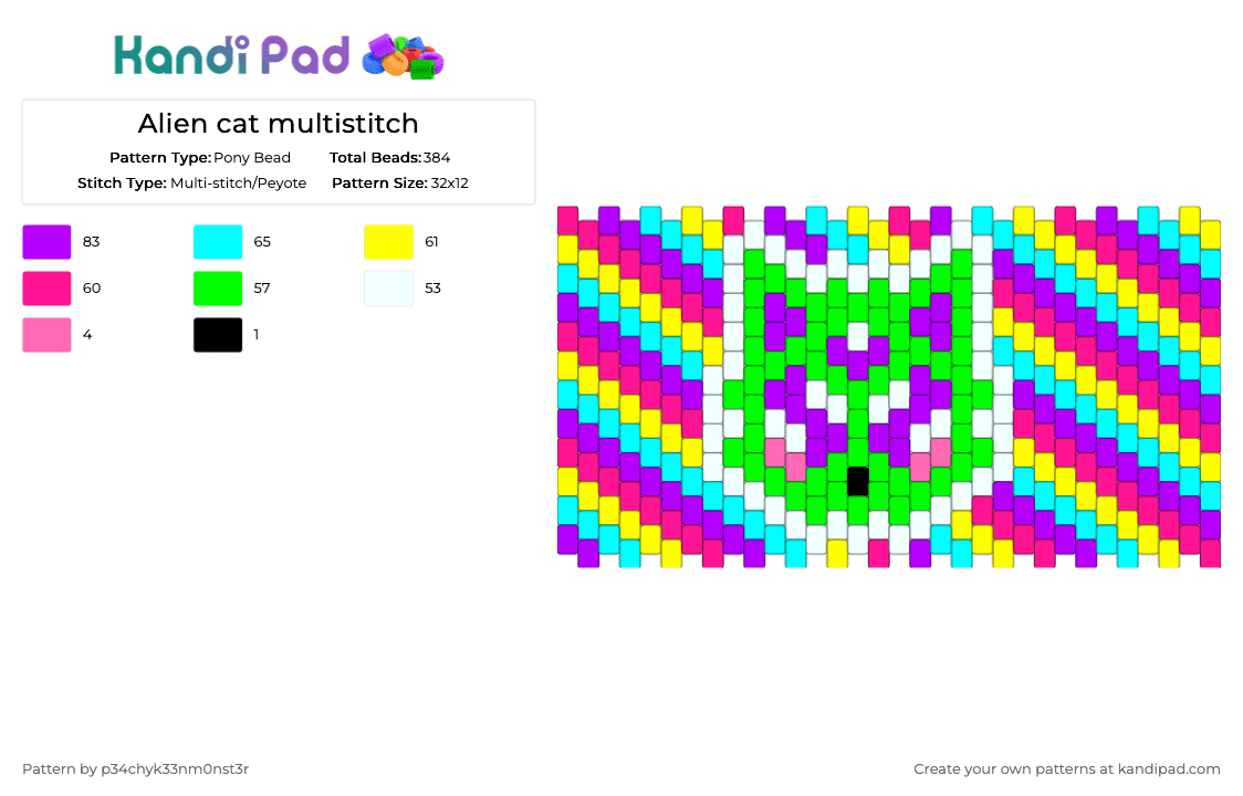 Alien cat multistitch - Pony Bead Pattern by p34chyk33nm0nst3r on Kandi Pad - purple,pink,light blue,cotdaliens,alien,cat,green,yellow,blue
