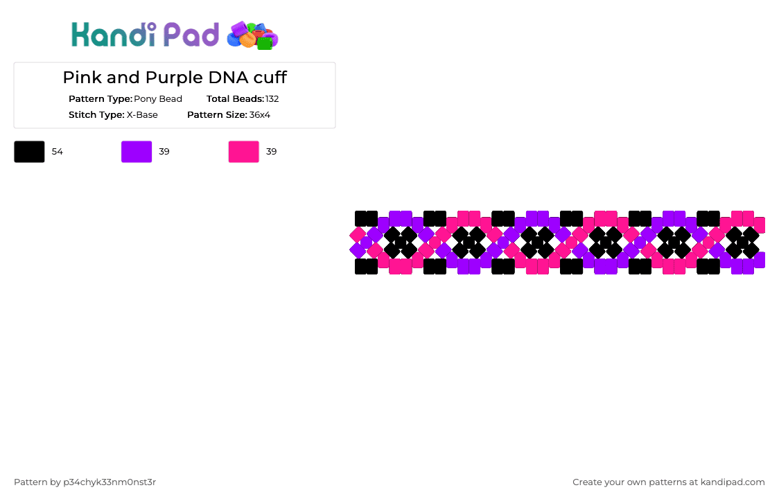 Pink and Purple DNA cuff - Pony Bead Pattern by p34chyk33nm0nst3r on Kandi Pad - purple,pink,black,dna