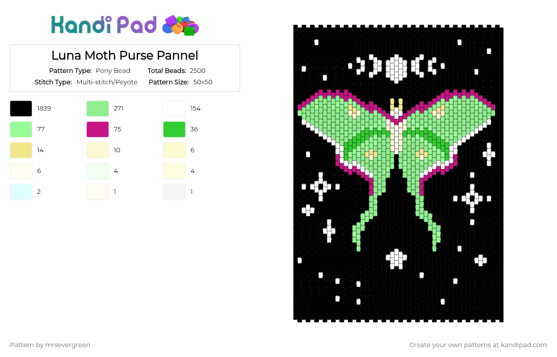 Luna Moth Purse Pannel - Pony Bead Pattern by mrsevergreen on Kandi Pad - black,teal