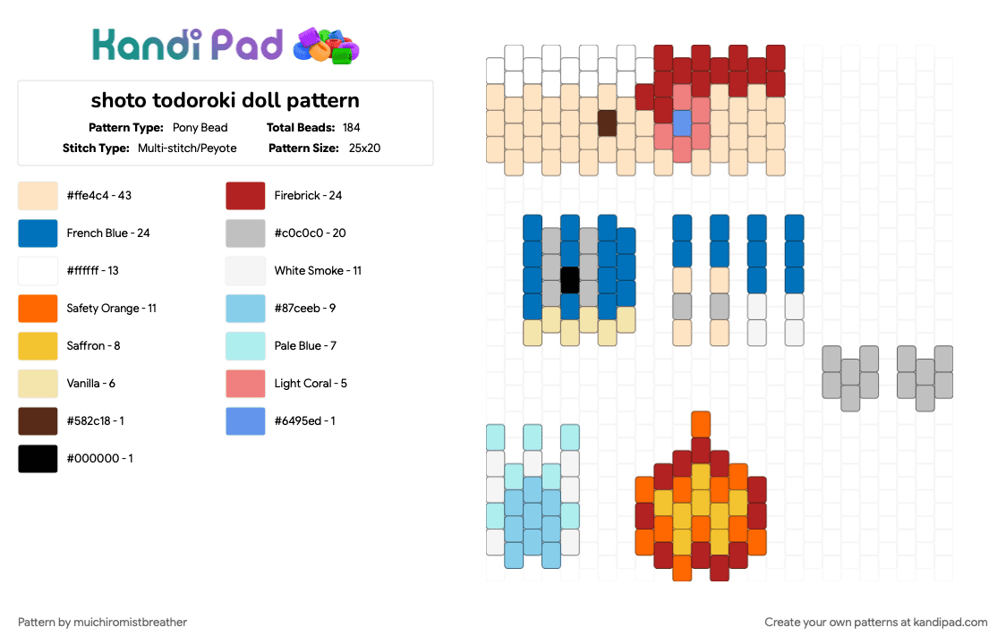 shoto todoroki doll pattern - Pony Bead Pattern by muichiromistbreather on Kandi Pad - beige, blue, red