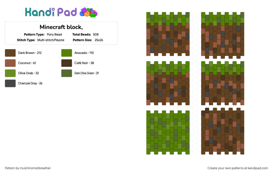 Minecraft block, - Pony Bead Pattern by mistywhiskers on Kandi Pad - brown, green