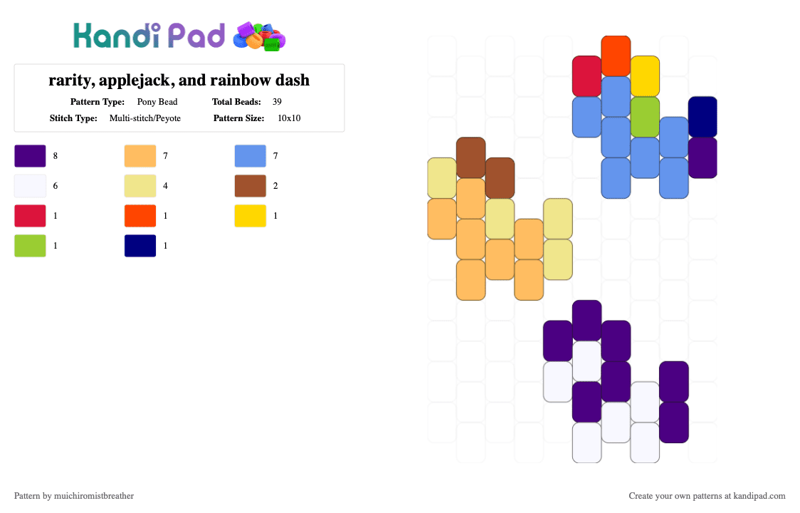 rarity, applejack, and rainbow dash - Pony Bead Pattern by mistywhiskers on Kandi Pad - light blue, orange, purple