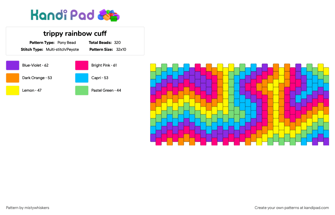 trippy rainbow cuff - Pony Bead Pattern by mistywhiskers on Kandi Pad - light blue, orange, pink, purple