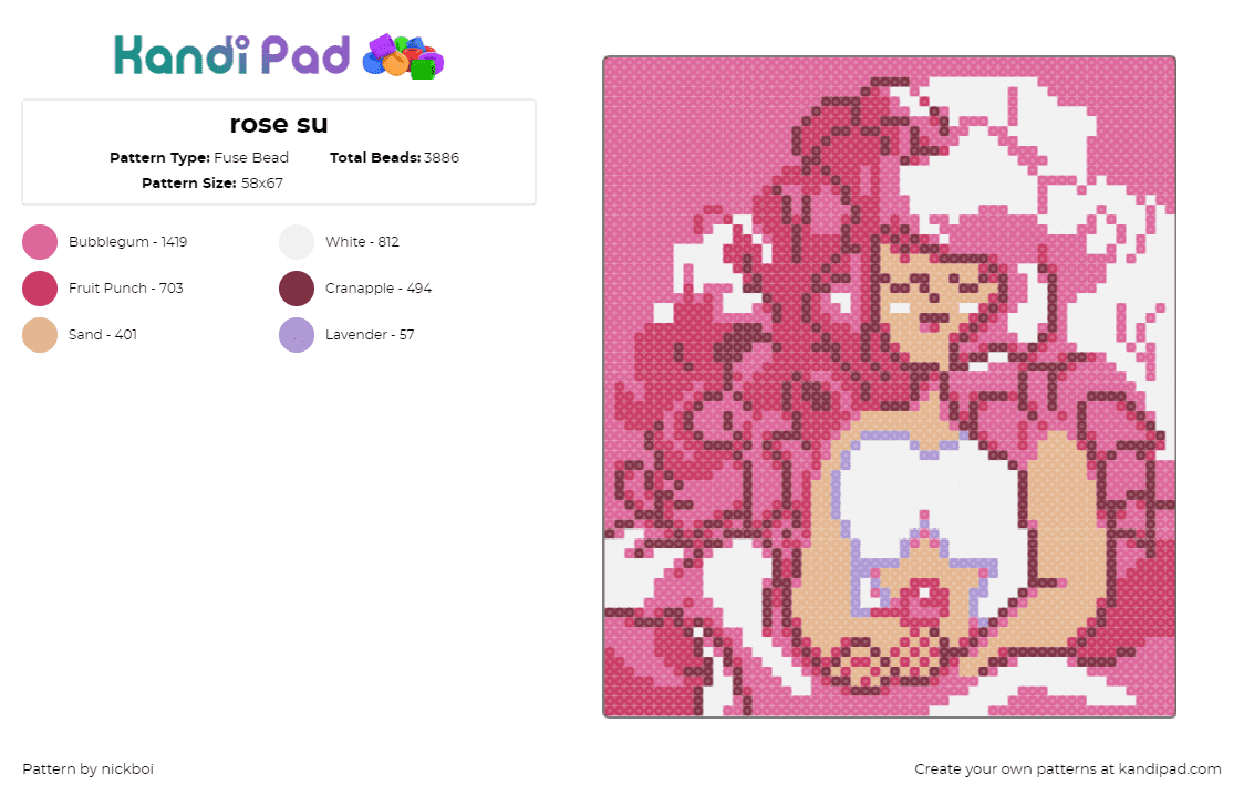 rose su - Fuse Bead Pattern by nickboi on Kandi Pad - rose,steven universe,character,panel,portriat,tv show,cartoon,pink