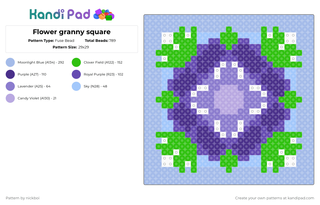 Flower granny square - Fuse Bead Pattern by nickboi on Kandi Pad - light blue,green,purple