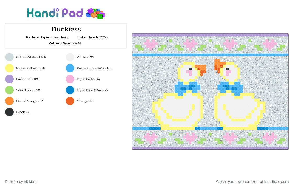 Duckiess - Fuse Bead Pattern by nickboi on Kandi Pad - light blue, pink, white, yellow