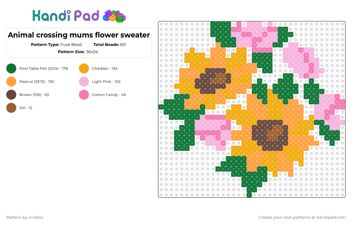 Animal crossing mums flower sweater - Fuse Bead Pattern by nickboi on Kandi Pad - orange,green,pink,cotdflowers