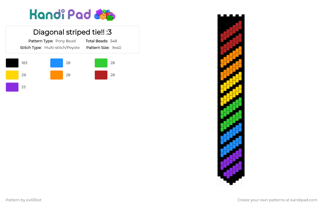 Diagonal striped tie!! :3 - Pony Bead Pattern by evil3lliot on Kandi Pad - black, colorful, green, orange