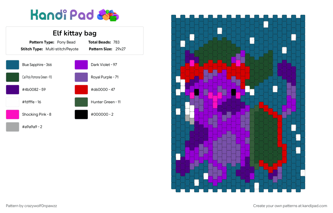 Elf kittay bag - Pony Bead Pattern by crazywolf0npawzz on Kandi Pad - blue, purple