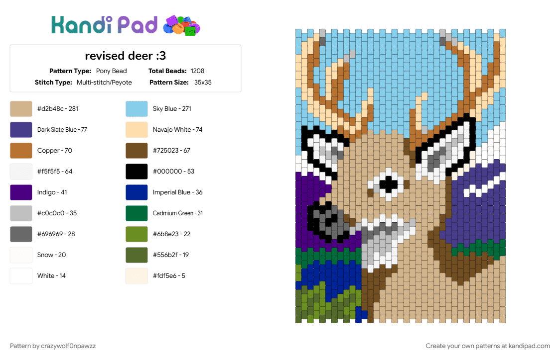 revised deer :3 - Pony Bead Pattern by crazywolf0npawzz on Kandi Pad - beige, light blue, purple, tan