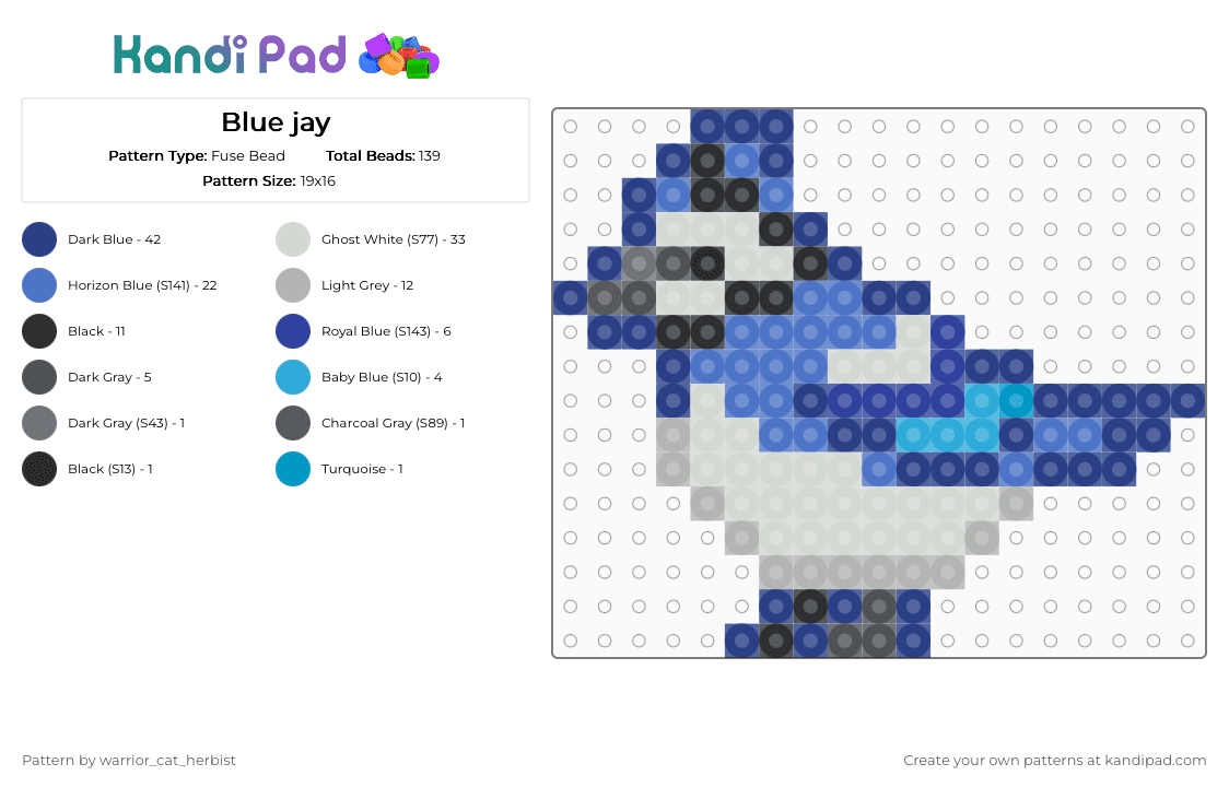 Blue jay - Fuse Bead Pattern by warrior_cat_herbist on Kandi Pad - blue,therian,quadrobics,bird,bluejay