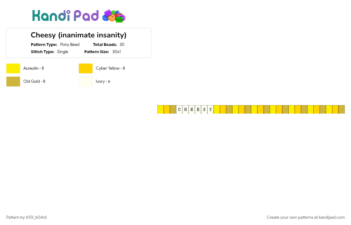 Cheesy (inanimate insanity) - Pony Bead Pattern by t00l_b04rd on Kandi Pad - bracelet, character, cheesy, cheesy ii, ii, osc, single, single bracelet, yellow