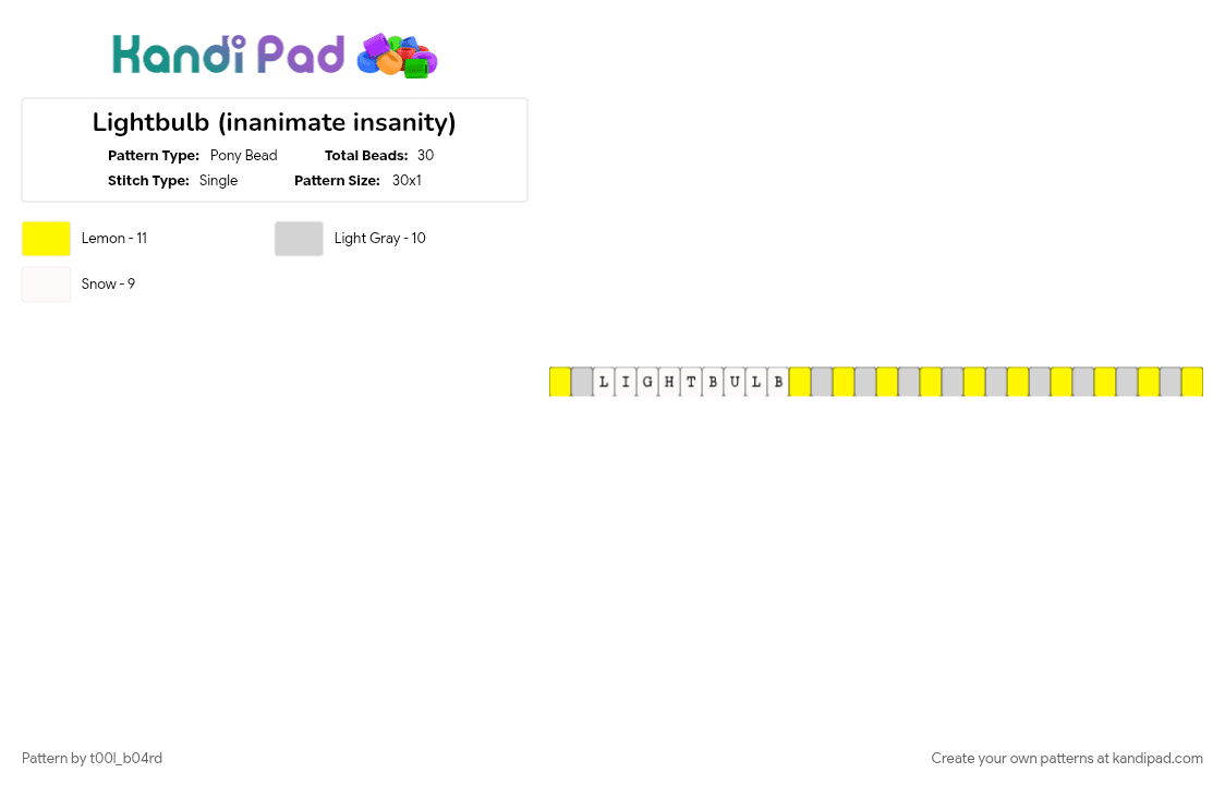 Lightbulb (inanimate insanity) - Pony Bead Pattern by t00l_b04rd on Kandi Pad - animation, character, ii, inanimate insanity, lightbulb ii, osc, single bracelet, tv show, white, yellow